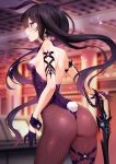  1girl animal_ears ass back bangs black_hair black_leotard black_rock_shooter black_rock_shooter_(character) blue_eyes blush breasts bunny_ears bunny_tail fake_animal_ears highleg highleg_leotard highres leotard long_hair looking_at_viewer m-da_s-tarou open_mouth strapless strapless_leotard tail thighs twintails 
