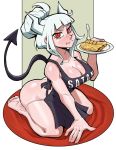  1girl absurdres apron ass bangs black_apron black_tail blunt_bangs blush breasts cee-haz cleavage commentary crepe demon_girl demon_horns demon_tail english_commentary eyeshadow fang food fork full_body hair_bun helltaker highres horns looking_at_viewer lucifer_(helltaker) makeup medium_breasts mole mole_under_eye naked_apron nose_blush plate red_eyes seiza sitting skin_fang soles solo tail thighs toes updo white_hair white_horns 