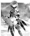  1girl bandaged_arm bandages breasts cleavage_cutout clothing_cutout commentary_request dagger dual_wielding facial_scar fate/apocrypha fate_(series) floating_swords gloves glowing glowing_eye greyscale hand_wraps highres holding holding_dagger holding_weapon ishida_akira jack_the_ripper_(fate/apocrypha) lowleg lowleg_panties monochrome navel neck_tattoo panties reverse_grip scar scar_across_eye scar_on_cheek shaded_face short_hair shoulder_tattoo single_glove small_breasts solo tattoo thighhighs underwear weapon 
