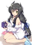  1girl alternate_costume bare_legs barefoot black_hair blush eyebrows_visible_through_hair gamecube_controller green_eyes hair_between_eyes headgear holding i-47_(kantai_collection) kantai_collection long_hair long_sleeves low-tied_long_hair odawara_hakone off-shoulder_sweater off_shoulder open_mouth sidelocks simple_background sitting slippers solo sweater wariza white_background white_sweater 