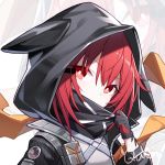  1girl arknights bangs black_gloves black_jacket chinese_commentary commentary_request crownslayer_(arknights) eyebrows_visible_through_hair gloves hair_between_eyes head_tilt hood hooded_jacket jacket kurisu_tina looking_at_viewer red_eyes red_hair short_hair solo upper_body zoom_layer 
