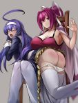  2girls ahoge ass blue_hair blush breasts cleavage closed_eyes coat coat_on_shoulders dress hairband large_breasts long_hair long_sleeves multiple_girls one_eye_closed open_mouth orie_(under_night_in-birth) panties ponytail red_eyes red_hair sleeveless sowel_(sk3) spanking thighhighs under_night_in-birth underwear very_long_hair white_panties yuzuriha_(under_night_in-birth) 
