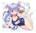  1girl blue_hair blue_swimsuit breasts cleavage clownfish dated fang fish freediving full_body hair_ribbon i-19_(kantai_collection) kantai_collection large_breasts long_hair name_tag odawara_hakone one_eye_closed red_eyes ribbon school_swimsuit skin_fang smile star-shaped_pupils star_(symbol) swimsuit symbol-shaped_pupils tri_tails twitter_username underwater 