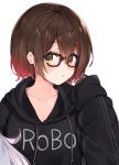  1girl black-framed_eyewear black_hoodie blush brown_eyes brown_hair closed_mouth clothes_writing glasses gloves gradient_hair highres hololive hood hood_down long_sleeves looking_at_viewer multicolored multicolored_eyes multicolored_hair murasaki_shion out_of_frame purple_hair racchi. red_hair roboco-san short_hair simple_background sleeves_past_wrists white_background yellow_eyes 