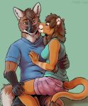  2020 5_fingers anthro bottomwear breasts canid canine canis clothing felid female fingers fur hi_res lion male male/female mammal mane marjani pantherine shirt shorts simple_background smile topwear wolf 
