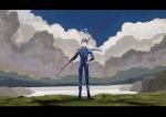  1boy ^_^ armor blue_hair blue_sky bodysuit cliff closed_eyes cloud crown cu_chulainn_(fate)_(all) earrings fate/grand_order fate/stay_night fate_(series) full_body gae_bolg grin hand_on_hip holding holding_weapon jewelry lancer long_hair ooba outdoors pauldrons polearm ponytail scenery shoulder_armor sky smile solo spear spiked_hair standing type-moon water weapon 
