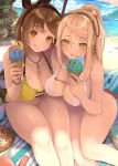  atelier_(series) atelier_ryza atelier_ryza_2 beach beach_umbrella bikini black_hairband breasts brown_hair cleavage commentary_request dessert eyebrows_visible_through_hair food hairband highres honey ice_cream klaudia_valentz kuyukian3 large_breasts licking_lips navel pie potion reisalin_stout sidelocks swimsuit thighs tongue tongue_out umbrella water white_bikini yellow_bikini yellow_eyes 