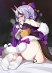  1girl anal anal_object_insertion anus ass back bare_shoulders blush hair_ornament heavy_breathing highres horns japanese_clothes kimono looking_at_viewer moketa nijisanji object_insertion oni oni_horns open_mouth pointy_ears purple_eyes purple_hair rindou_mikoto sitting socks solo sweat virtual_youtuber white_legwear 