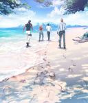  4boys back beach black_hair blonde_hair blue_sky brown_hair final_fantasy final_fantasy_xv footprints from_behind gladiolus_amicitia hinoe_(dd_works) ignis_scientia multiple_boys noctis_lucis_caelum ocean prompto_argentum sky spiked_hair starfish suspenders tank_top 