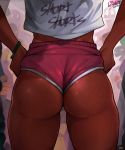  1girl ass ass_focus bracelet connie_maheswaran crowd dark_skin from_behind head_out_of_frame highres indian jewelry older pink_shorts short_shorts shorts solo standing steven_universe sweat thick_thighs thighs very_dark_skin wedgie yellowroom 