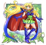  1girl armor blonde_hair blue_cape boots breasts cape closed_mouth deedlit dress elf gloves green_eyes highres long_hair looking_at_viewer oomasa_teikoku pointy_ears record_of_lodoss_war shoulder_armor smile solo thigh_boots thighhighs 