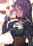  1girl adjusting_eyewear alice_gear_aegis alternate_costume black_dress blue_eyes blue_hair blush closed_mouth corset cross dress eyebrows_behind_hair glasses highres lips momoshina_fumika neckerchief solo yae_(mono110) 