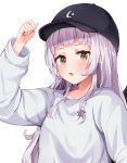  1girl baseball_cap black_headwear brown_eyes casual green_eyes hand_up hat highres hololive long_hair long_sleeves looking_at_viewer multicolored multicolored_eyes murasaki_shion parted_lips purple_hair racchi. simple_background solo sweater white_background white_sweater 
