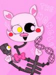  2_heads ambiguous_gender animatronic black_nose black_sclera bunlovinsh canid canine fingers five_nights_at_freddy&#039;s five_nights_at_freddy&#039;s_2 fox hi_res lipstick machine makeup mammal mangle_(fnaf) multi_head nails pink_background pink_body pink_inner_ear robot sharp_teeth simple_background smile solo teeth video_games white_body white_eyes yellow_eyes 