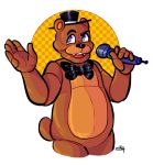  2020 5_fingers animatronic anthro black_nose blue_eyes brown_body clothing eyebrows fingers five_nights_at_freddy&#039;s freddy_(fnaf) hat headgear headwear imd0g machine male mammal microphone open_mouth open_smile robot small_tail smile solo standing tan_body tan_inner_ear teeth ursid video_games 