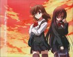  2girls album_cover bag black_skirt brown_hair cloud cover cowboy_shot highres holding holding_bag katsura_kotonoha multiple_girls official_art orange_sky red_ribbon red_sky ribbon saionji_sekai scan school_days school_uniform skirt sky thighhighs twilight worried zettai_ryouiki 