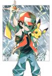  1boy arm_up backpack badge bag bangs baseball_cap black_shirt brown_hair closed_mouth commentary_request gen_1_pokemon glint hair_between_eyes hat highres holding holding_poke_ball hyou_(hyouga617) jacket pants pikachu poke_ball pokemon pokemon_(creature) pokemon_(game) pokemon_on_arm pokemon_rgby red_(pokemon) shirt short_sleeves smile two-tone_headwear 