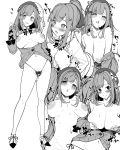  1girl :d arms_behind_head bangs bare_shoulders beret breast_hold breasts cardigan cleavage drooling eyebrows_visible_through_hair greyscale groin hat heart implied_sex moketa monochrome navel nijisanji nipples open_mouth ponytail pubic_hair pussy_juice simple_background smile suzuhara_lulu thong virtual_youtuber white_background 