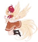  1girl absurdres animal_on_head bird bird_on_head bird_wings black_footwear blonde_hair blush boots capelet chick closed_mouth commentary_request eyebrows_visible_through_hair feathered_wings full_body highres jumping looking_at_viewer medium_hair multicolored_hair niwatari_kutaka on_head orange_skirt puffy_short_sleeves puffy_sleeves red_eyes red_hair red_neckwear shanghaidoll shirt short_sleeves simple_background skirt smile solo tail_feathers touhou two-tone_hair white_background white_shirt wily_beast_and_weakest_creature wings 