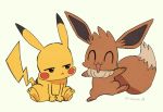  :&lt; artist_name brown_fur closed_mouth commentary_request eevee gen_1_pokemon gotcha! looking_at_another no_humans open_mouth pikachu pokemon pokemon_(creature) rozu_ki sitting standing standing_on_one_leg watermark 