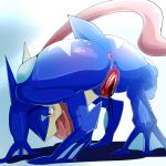  1:1 alternate_version_at_source anthro anus bent_over bodily_fluids clitoris crouching digitigrade erect_clitoris female geiru_mirua genital_fluids genitals glistening glistening_body greninja half-closed_eyes hi_res long_tongue membrane_(anatomy) narrowed_eyes nino_onodera nintendo pok&eacute;mon pok&eacute;mon_(species) pussy pussy_juice pussy_juice_string red_eyes solo tongue tongue_out video_games webbed_feet webbed_hands 