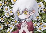  1girl dated flower grey_hair hands_together leaf medium_hair no_nose original red_shirt shirt short_sleeves signature solo tears upper_body white_flower wind yellow_eyes zukky000 