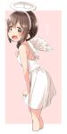  1girl bangs bare_arms bare_shoulders blush braid breasts brown_eyes brown_hair dress eyebrows_visible_through_hair fake_halo feathered_wings flying_sweatdrops hair_between_eyes hair_over_shoulder hairband halo hand_up idolmaster idolmaster_cinderella_girls long_hair looking_at_viewer looking_to_the_side mini_wings open_mouth pink_background senkawa_chihiro single_braid sleeveless sleeveless_dress small_breasts solo two-tone_background wavy_mouth white_background white_dress white_hairband white_wings wings yukie_(kusaka_shi) 