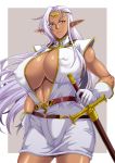  1girl breasts brown_background brown_eyes circlet commentary_request dark_elf dark_skin elf gloves huge_breasts long_hair looking_at_viewer mifune_seijirou parted_lips pirotess pointy_ears purple_hair record_of_lodoss_war smile solo sword weapon white_gloves 