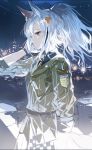  1girl alchemaniac animal_ears arknights bangs cityscape commentary cowboy_shot dress grani_(arknights) grey_dress highres long_hair long_sleeves night night_sky outdoors parted_lips purple_eyes silver_hair sky solo symbol_commentary 
