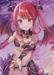  1girl absurdres ahoge arm_guards armor artist_name bangs bare_shoulders battle_girl_high_school bikini_armor black_nails breasts commentary_request cray demon_girl demon_wings detached_collar eyebrows_visible_through_hair grin hair_between_eyes hair_ornament hasumi_urara highres looking_at_viewer red_eyes red_hair sidelocks small_breasts smile solo swept_bangs twintails wings 