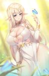  1girl blonde_hair blue_butterfly blue_eyes blurry blurry_background breasts bridal_gauntlets cleavage day dress elf highres large_breasts light_rays long_hair pointy_ears rheez second-party_source solo wading water white_dress 