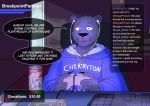  anthro beastars beverage beverage_can black_body black_fur blue_clothing blue_hoodie blue_topwear camera_view chair chat chat_box clothed clothing computer_mouse controller dialogue drawer earbuds english_text felid fur furniture game_controller gaming headphones hi_res holding_controller holding_object hoodie keyboard looking_at_viewer male mammal pantherine playing_videogame sitting smile solo speech_bubble streaming super_nintendo_entertainment_system table tao_(beastars) text that1greenbro topwear 