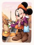  2020 anthro black_nose blush clothing disney eiffel_tower english_text female food footwear gloves handwear hat headgear headwear hi_res mammal minnie_mouse mouse murid murine one_eye_closed open_mouth open_smile rodent scarf sh_disney smile solo text tongue tree vehicle wink 