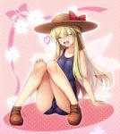  ass bare_legs bare_shoulders blonde_hair blue_swimsuit bow brown_footwear brown_headwear chima_q closed_eyes facing_viewer fairy_wings full_body hat hat_bow highres knees_together_feet_apart knees_up lily_white long_hair open_mouth red_bow shoes sun_hat swimsuit touhou very_long_hair wings 