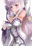  1girl bangs bare_shoulders blush braid breasts detached_sleeves dress emilia_(re:zero) flower hair_flower hair_ornament highres large_breasts long_hair looking_at_viewer pointy_ears purple_eyes re:zero_kara_hajimeru_isekai_seikatsu saya_(mychristian2) silver_hair solo 