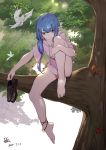  1girl absurdres bare_legs barefoot bird blue_hair dress elf feathers feet green_eyes highres hood hoodie in_tree long_hair medium_hair meng_zhongfeng_ji_li_mm original pink_dress pointy_ears shoes_on_hands shoes_removed sitting sitting_in_tree tree tree_branch 