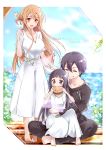  1boy 2girls :d ^_^ absurdres asuna_(sao) barefoot black_clothes black_eyes black_hair black_pants black_shirt blush border breasts brown_eyes brown_hair cleavage closed_eyes collarbone commentary_request copyright_name dress eating eyebrows_visible_through_hair family food full_body green_sash grin hair_between_eyes half_updo highres holding holding_food holographic_interface hug hug_from_behind indian_style jewelry kirito large_breasts long_dress long_hair multiple_girls open_mouth outside_border pants ring sandwich sash shi-2 shirt short_hair sitting sitting_on_lap sitting_on_person smile standing sword_art_online upper_teeth very_long_hair wedding_band white_border white_dress yui_(sao) 