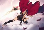  1girl 2020 blonde_hair breasts cape cleavage dated ereshkigal_(fate/grand_order) fate/grand_order fate_(series) highres hood red_cape red_hood solkorra solo thighhighs weapon yellow_eyes 