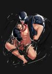  2boys abs absurdres bara bare_chest beard black_hair bound chest completely_nude eddie_brock erection facial_hair full_body highres long_tongue looking_at_viewer male_focus marvel monster multiple_boys muscle navel nipples nude open_mouth penis saliva sharp_teeth short_hair spider-man_(series) teeth thick_thighs thighs tongue tongue_out uncensored urethral_insertion venom_(marvel) yanxijun 