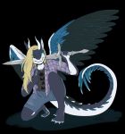 anthro clothed clothing dragon female green_eyes hair hi_res horn melee_weapon peace_signs simple_background solo solo_focus sword veevulpes weapon wings 