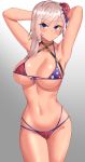  1girl absurdres american_flag_bikini armpits arms_behind_head arms_up asymmetrical_hair bangs bare_shoulders bikini blue_eyes blush breasts bun_cover cleavage closed_mouth clyde_s collarbone fate_(series) flag_print gradient gradient_background hair_bun highres large_breasts long_hair looking_at_viewer miyamoto_musashi_(fate/grand_order) miyamoto_musashi_(swimsuit_berserker)_(fate) navel pink_hair swept_bangs swimsuit thighs 