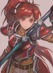  1girl belt breastplate closed_mouth fire_emblem fire_emblem:_path_of_radiance highres holding jill_(fire_emblem) long_hair mai_yukari ponytail red_eyes red_hair simple_background solo upper_body 