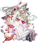  1girl akashi_(azur_lane) akashi_(white_cat&#039;s_repayment)_(azur_lane) animal_ears azur_lane bare_shoulders bell bird box cat_ears chick coin detached_sleeves dress drum_(container) fake_animal_ears floating_hair flower_knot full_body gem gift gift_box green_hair highres hood jingle_bell long_hair long_sleeves looking_at_viewer manjuu_(azur_lane) miniskirt official_art open_mouth platform_footwear pleated_skirt red_skirt ruby_(gemstone) saru skirt sleeves_past_fingers sleeves_past_wrists smile solo tassel thighhighs torii transparent_background very_long_hair wedding_dress white_dress white_footwear white_legwear yellow_eyes zettai_ryouiki zouri 