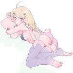  1girl :o ahoge akamatsu_kaede alternate_costume bangs barefoot blonde_hair blush breasts bunny_tail commentary_request danganronpa eyebrows_visible_through_hair fake_tail feet from_side full_body hair_ornament hairclip long_hair long_sleeves looking_at_viewer lying new_danganronpa_v3 open_mouth pillow pink_shorts purple_eyes purple_legwear short_shorts shorts simple_background solo tail thighhighs thighs white_background zang_li 