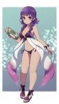  1girl bikini book breasts cleavage closed_mouth fire_emblem fire_emblem:_the_sacred_stones fire_emblem_heroes flower full_body hair_flower hair_ornament highres holding holding_book lamb-oic029 long_hair lute_(fire_emblem) open_toe_shoes purple_eyes purple_hair sandals solo swimsuit tied_hair 