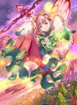  1girl boots fairy fairy_wings fire_emblem fire_emblem_cipher fire_emblem_heroes flower hair_flower hair_ornament hmk84 leaf long_hair low_twintails mirabilis_(fire_emblem) official_art pink_hair pointy_ears purple_eyes solo sparkle sword twintails water weapon wings 