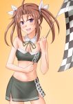  1girl :d ahoge alternate_costume anti_(untea9) bare_shoulders black_skirt breasts brown_hair checkered checkered_flag cleavage cowboy_shot detached_collar flag gradient gradient_background green_ribbon hair_ribbon highres holding holding_flag kagerou_(kantai_collection) kantai_collection looking_at_viewer midriff navel neck_ribbon open_mouth orange_background purple_eyes race_queen remodel_(kantai_collection) ribbon simple_background skirt small_breasts smile solo twintails white_ribbon 