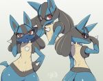  animal_ears bespectacled blue-framed_eyewear blush from_behind fur furry gen_4_pokemon glasses gradient gradient_background grey_background looking_at_viewer lucario navel no_humans open_mouth pokemon pokemon_(creature) red_eyes shourin_bonzu tail 