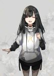  1girl absurdres android black_hair blush choker girls_frontline hair_ornament highres hood hoodie long_hair looking_at_viewer nyto_obelisk_(girls_frontline) paradeus smile solo 