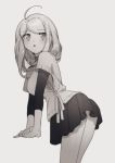  1girl :o ahoge akamatsu_kaede bangs black_skirt blonde_hair breasts commentary_request danganronpa eyebrows_visible_through_hair from_side grey_background greyscale hair_between_eyes hands_together long_hair long_sleeves looking_at_viewer monochrome new_danganronpa_v3 open_mouth sidelocks simple_background skirt solo standing zang_li 